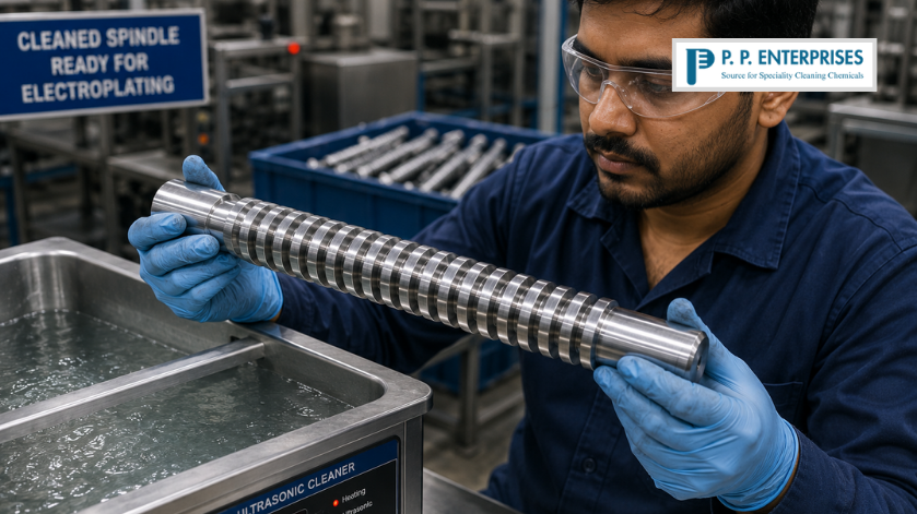 Technician inspecting cleaned spindle shaft before electroplating